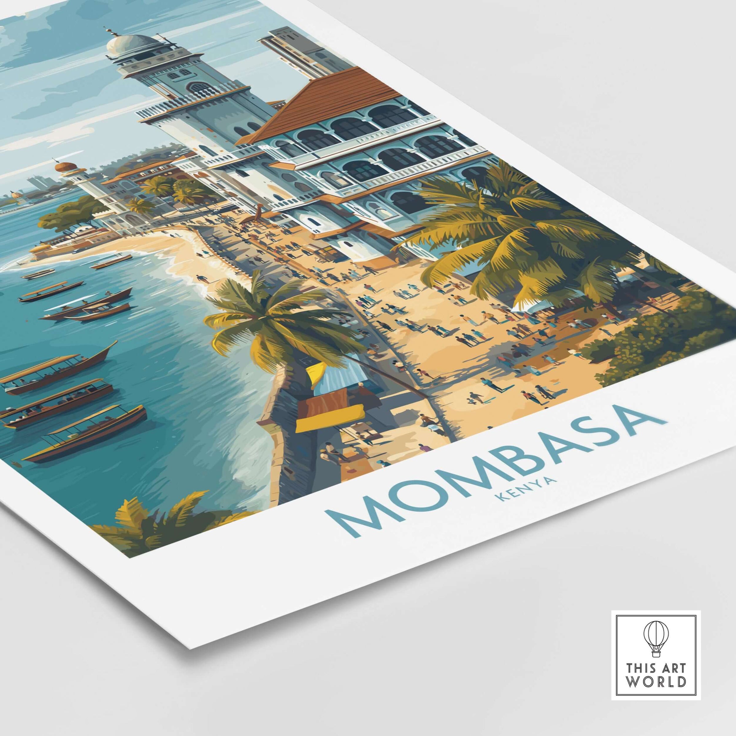 Mombasa Kenya Wall Art - Swahili Coast Travel Decor featuring a vibrant beach scene with boats and palm trees.
