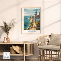 Mombasa Kenya Wall Art - Swahili Coast Travel Decor featuring scenic beach views and vibrant architecture.
