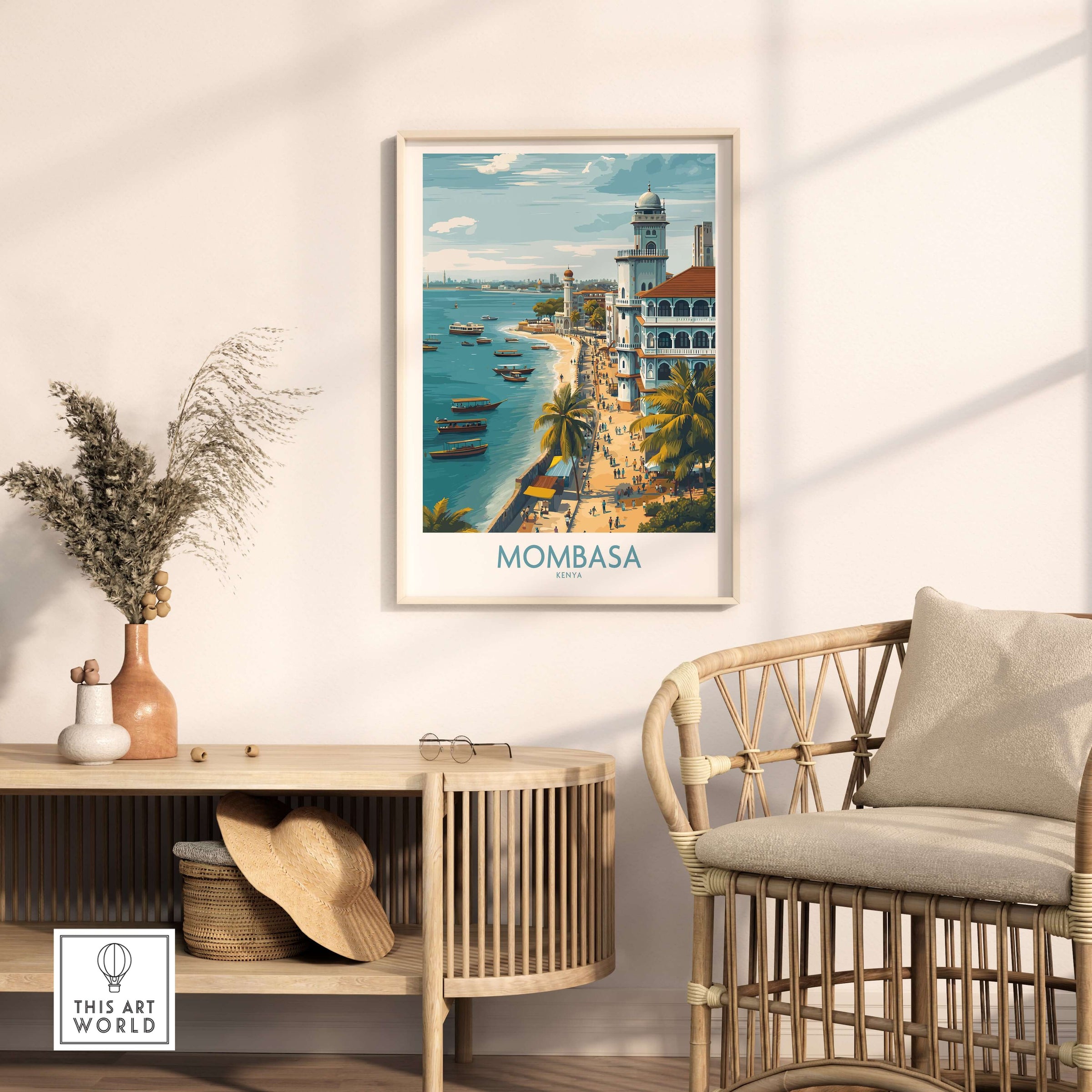 Mombasa Kenya Wall Art - Swahili Coast Travel Decor featuring scenic beach views and vibrant architecture.