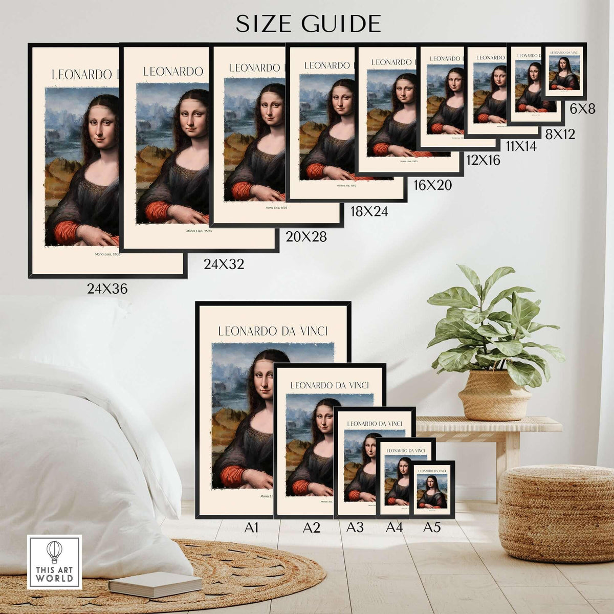 Size guide for Leonardo da Vinci Art Print - Mona Lisa 1503 Iconic Renaissance Portrait Art Print Louvre Poster.