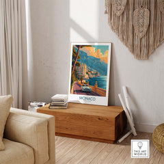 Monaco Print showcasing a vintage-inspired sunset over the Mediterranean, elegantly displayed in a chic interior.