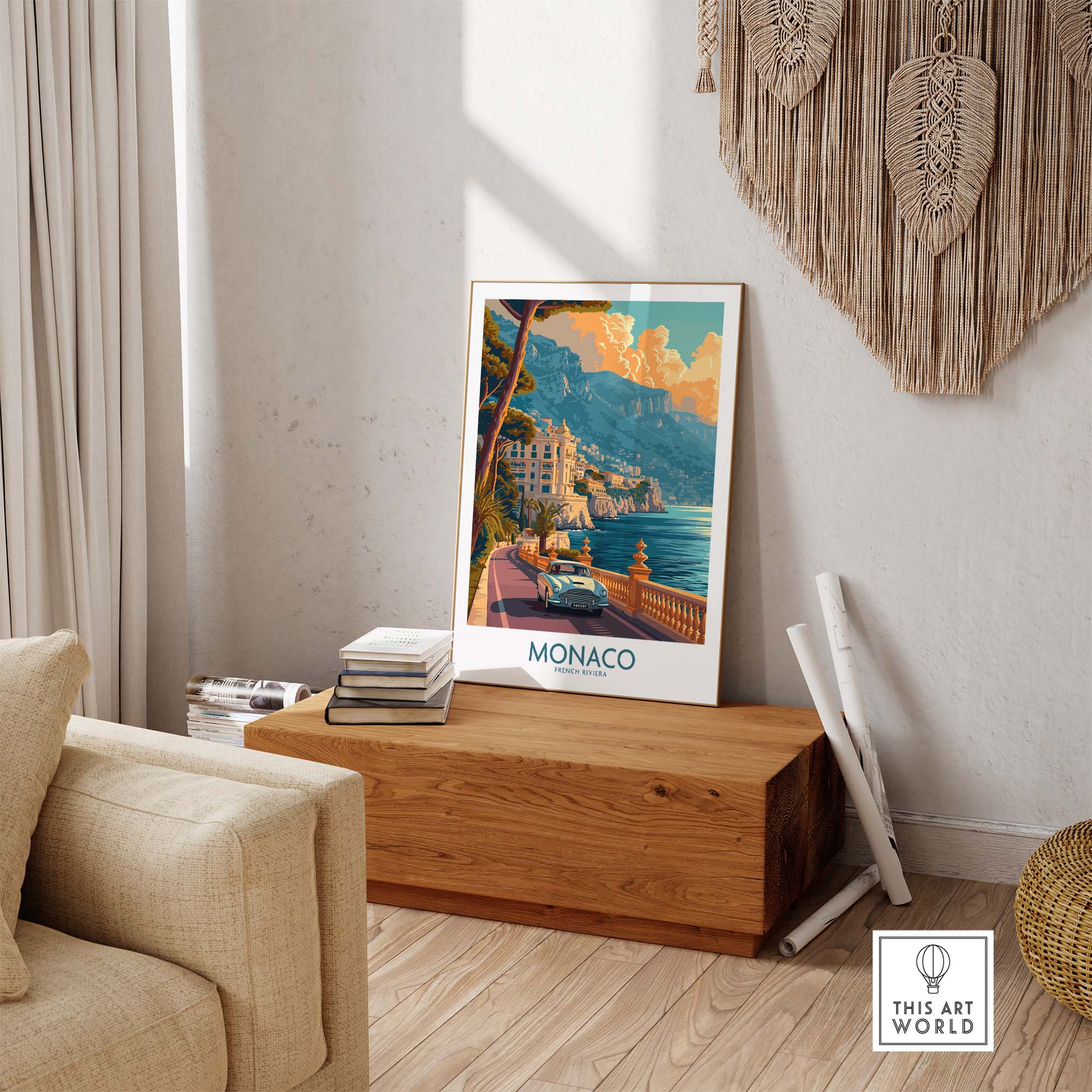 Monaco Print showcasing a vintage-inspired sunset over the Mediterranean, elegantly displayed in a chic interior.