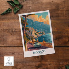 Monaco Print travel poster showcasing a vintage sunset view of the French Riviera and elegant coastal architecture.
