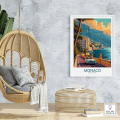 Vintage Monaco Print featuring a sunset view, showcasing the French Riviera's charm in a stylish living room setting.