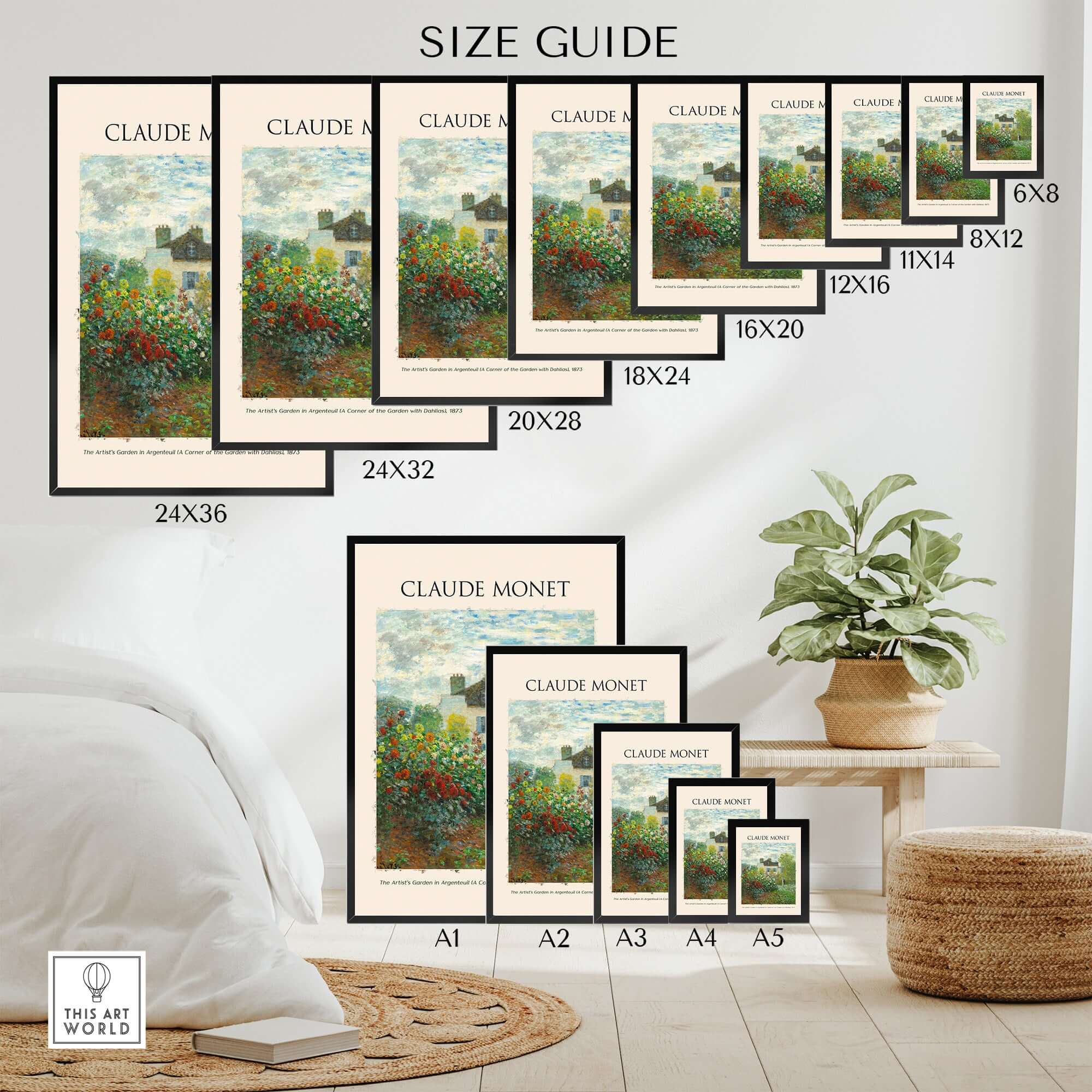 Monet Artists Garden Argenteuil Dahlias Floral Impressionist Poster Art Print size guide for various frame sizes.