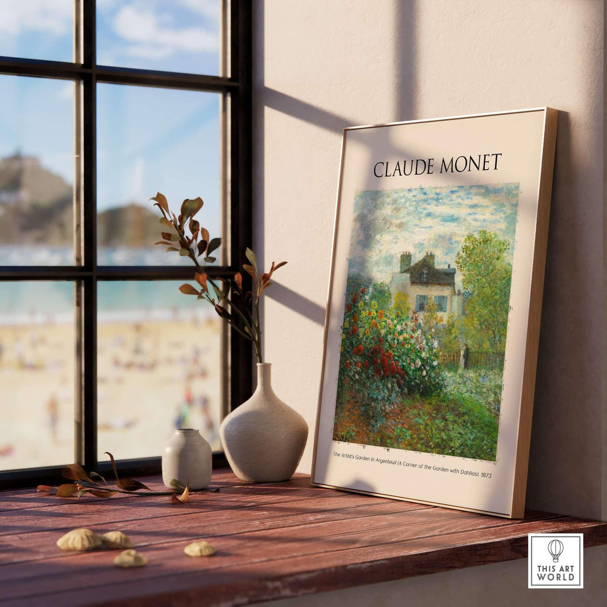 Monet Artists Garden Argenteuil Dahlias Floral Impressionist Poster Art Print displayed in a stylish indoor setting.