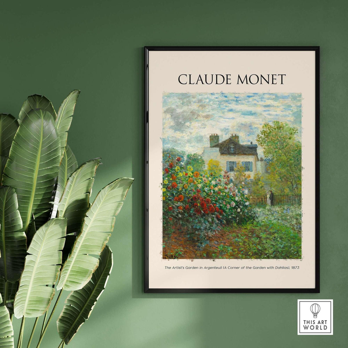 Monet Artists Garden Argenteuil Dahlias Floral Impressionist Poster Art Print displayed on a wall with house and flowers.