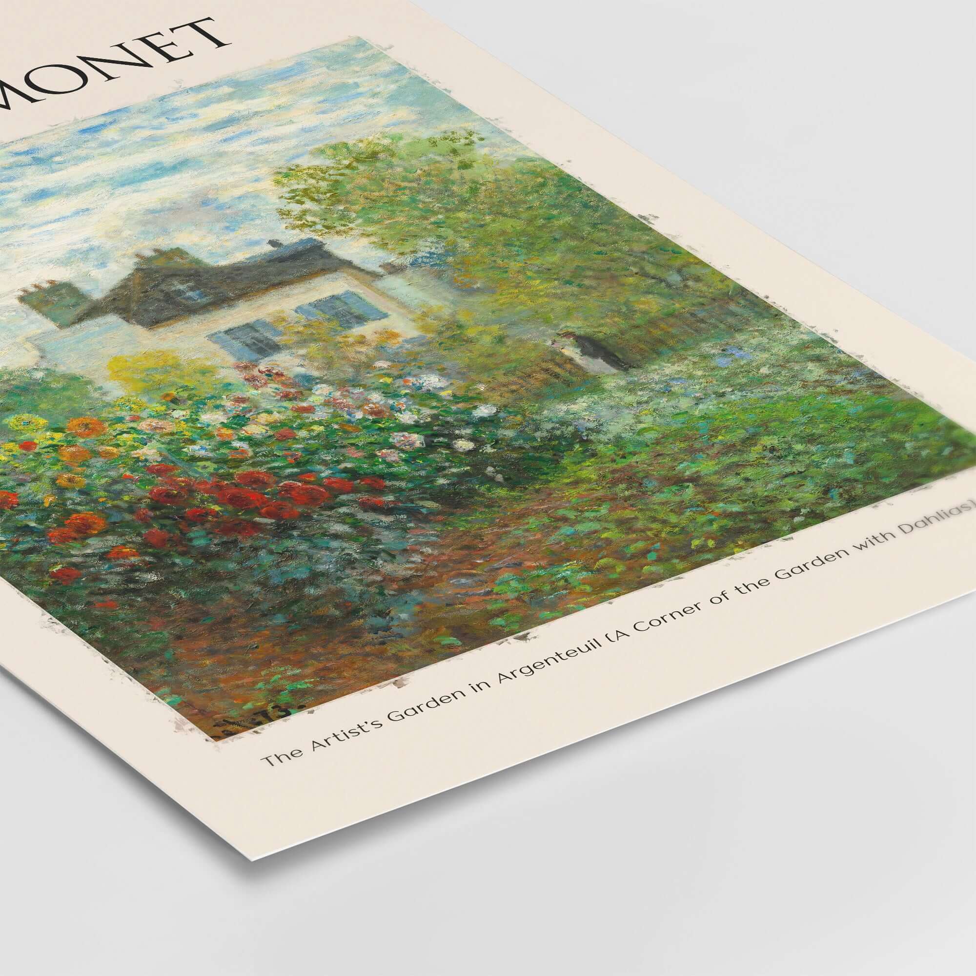 Monet Artists Garden Argenteuil Dahlias Floral Impressionist Poster Art Print featuring flowers and a house.