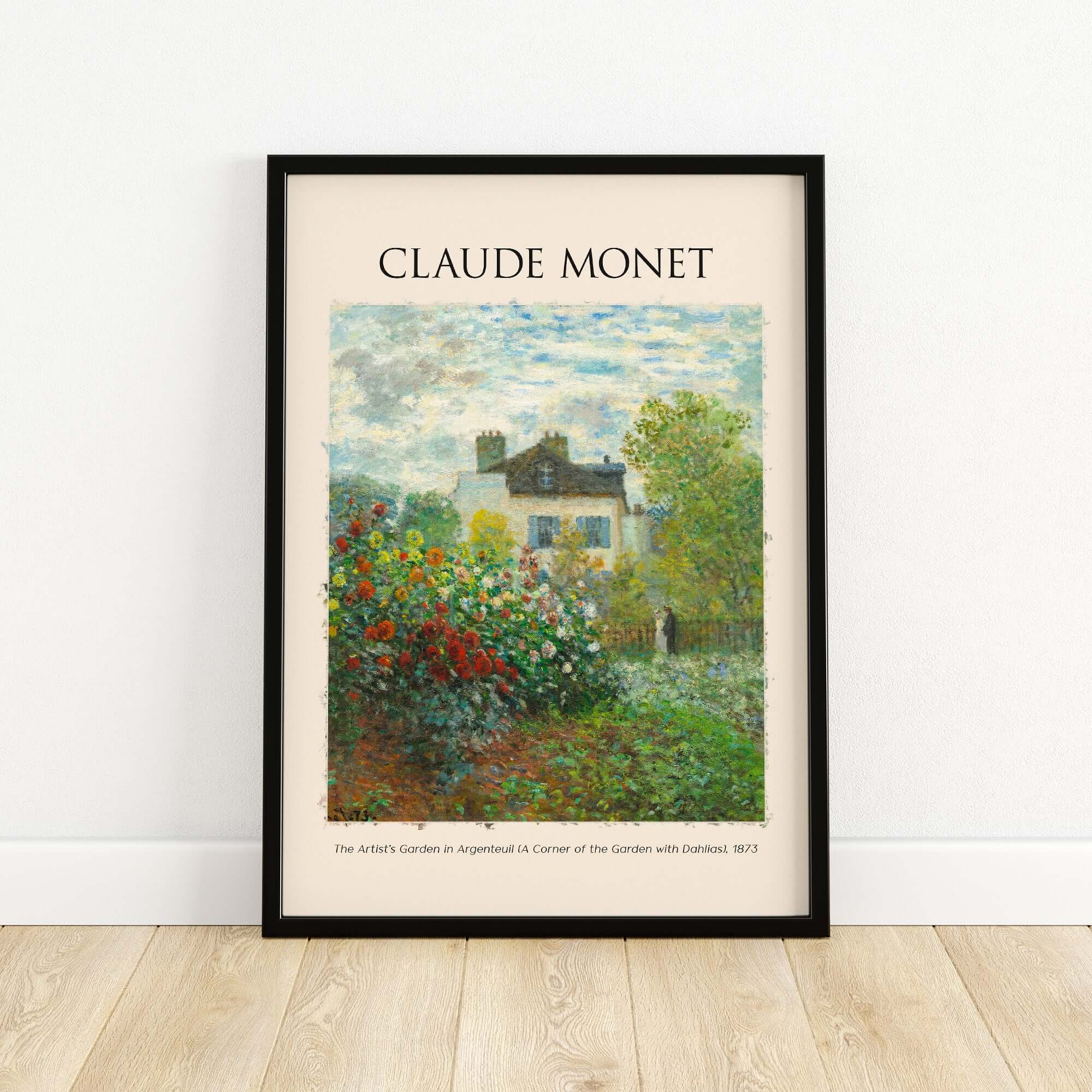 Monet Artists Garden Argenteuil Dahlias Floral Impressionist Poster Art Print featuring colorful flowers and a house.