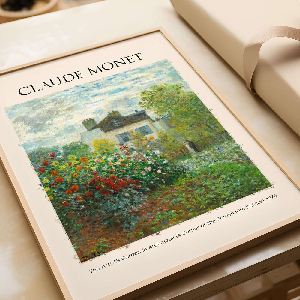 Monet Artists Garden Argenteuil Dahlias Floral Impressionist Poster Art Print featuring colorful flowers and a house.
