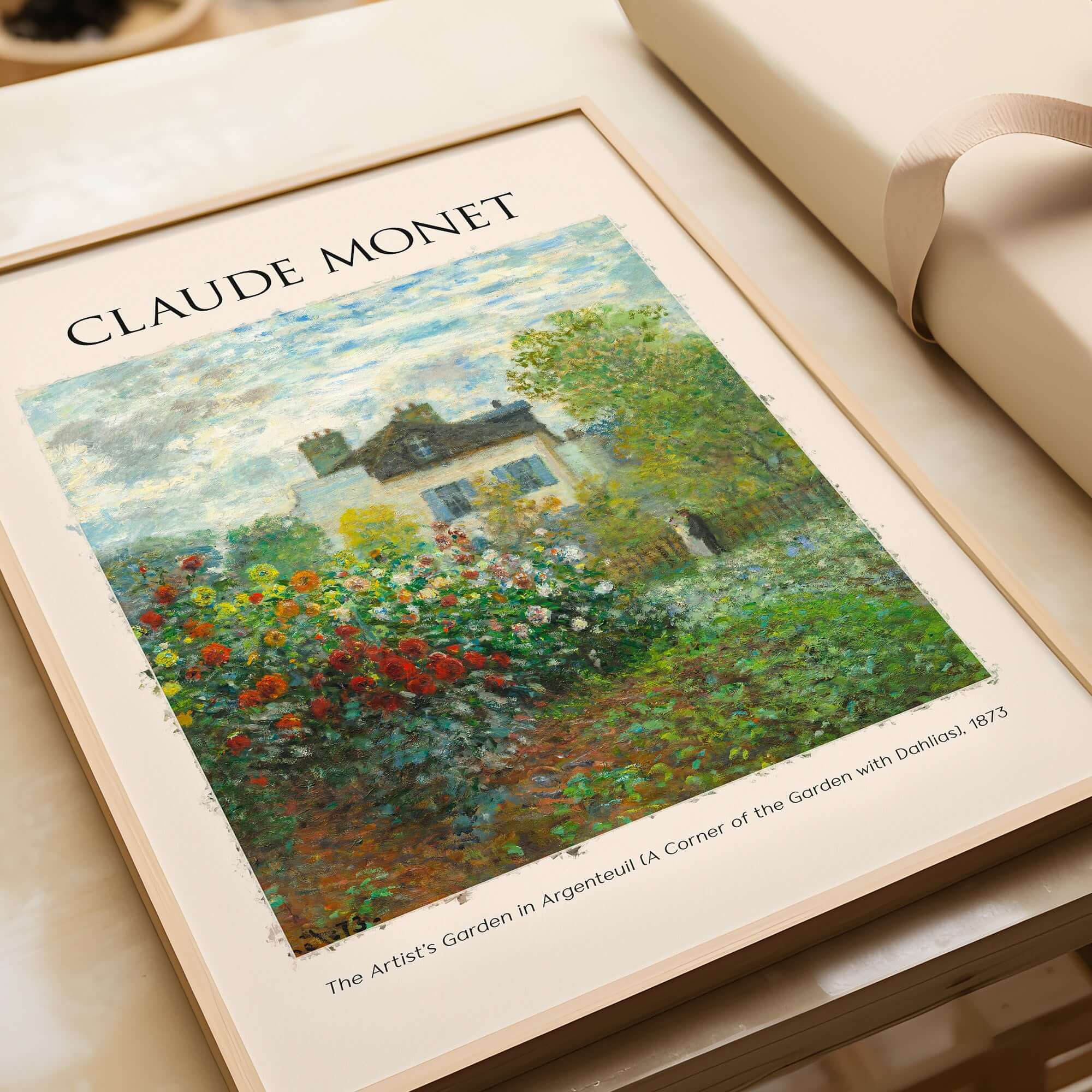 Monet Artists Garden Argenteuil Dahlias Floral Impressionist Poster Art Print featuring colorful flowers and a house.