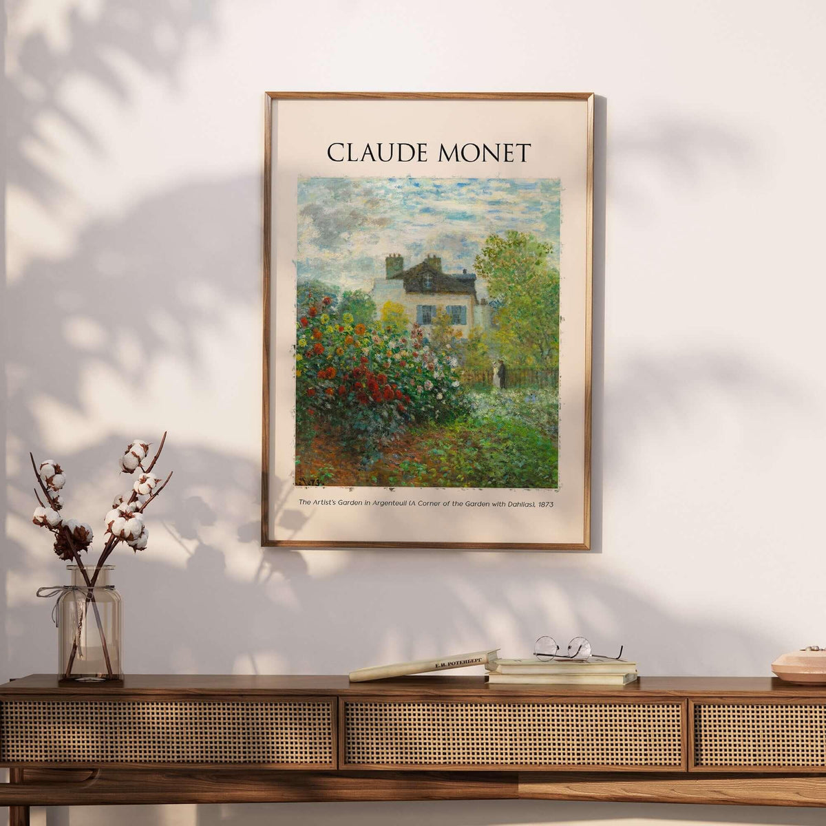 Monet Artists Garden Argenteuil Dahlias Floral Impressionist Poster Art Print displayed on a wall.