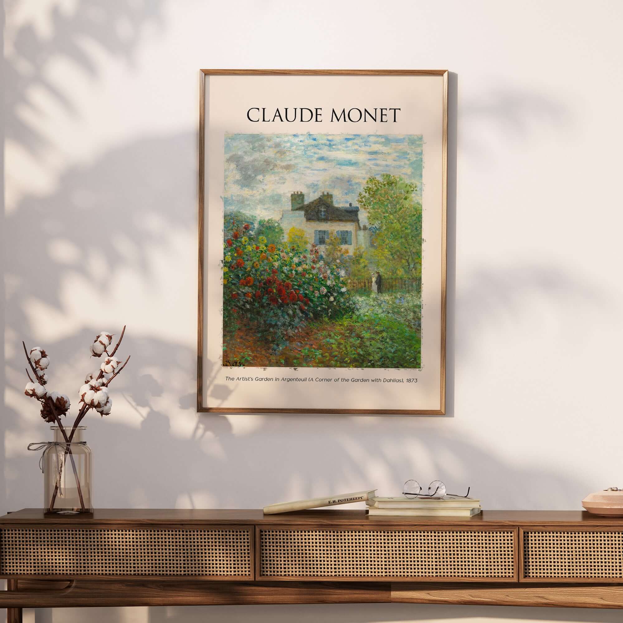 Monet Artists Garden Argenteuil Dahlias Floral Impressionist Poster Art Print displayed on a wall.