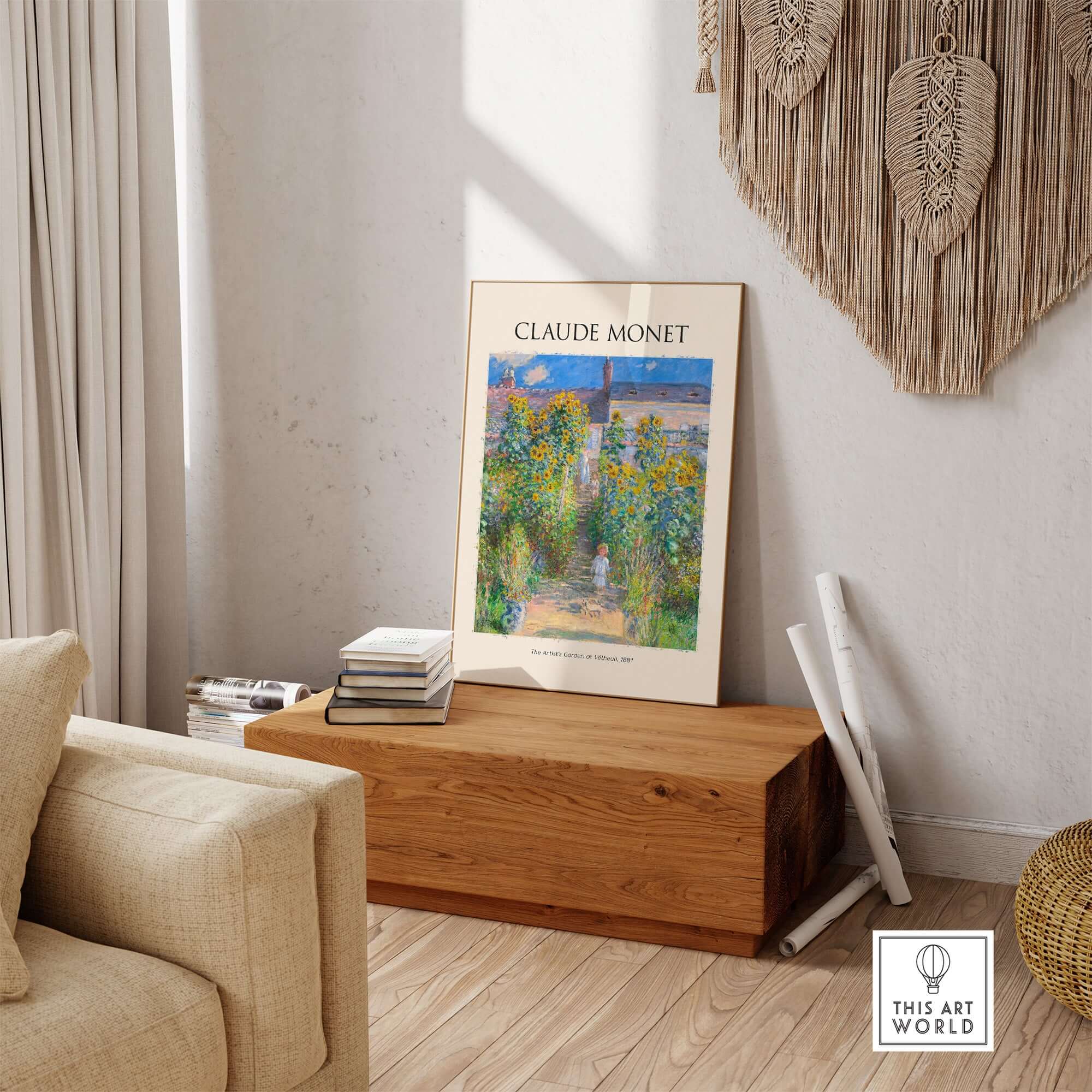 Monet Artists Garden at Vétheuil Sunflowers Impressionist Art Print Poster displayed in a stylish living room setting.
