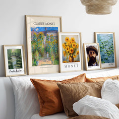 Monet Artists Garden at Vétheuil Sunflowers Impressionist Art Print Poster displayed in a stylish home setting.