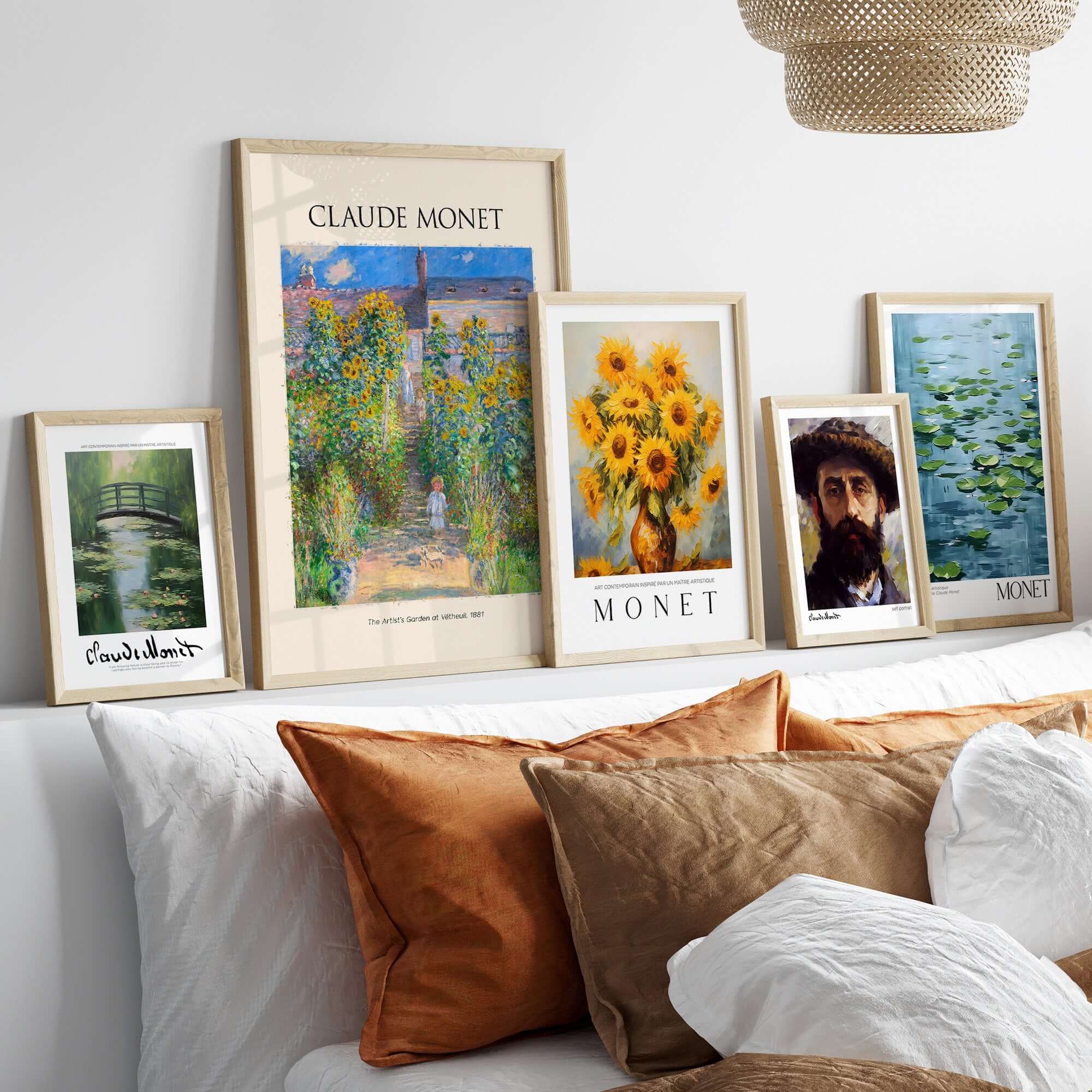 Monet Artists Garden at Vétheuil Sunflowers Impressionist Art Print Poster displayed in a stylish home setting.
