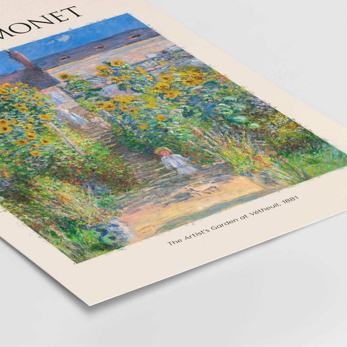 Monet Artists Garden at Vétheuil Sunflowers Impressionist Art Print Poster featuring vibrant sunflowers and a garden path.