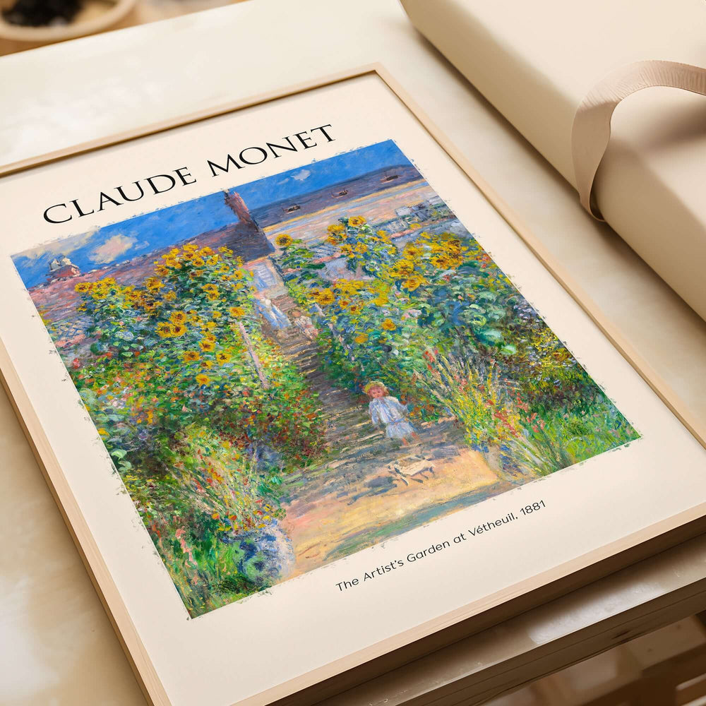 Monet Artists Garden at Vétheuil Sunflowers Impressionist Art Print Poster featuring vibrant sunflowers and garden path.