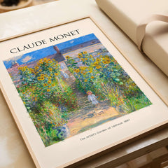 Monet Artists Garden at Vétheuil Sunflowers Impressionist Art Print Poster featuring vibrant sunflowers and garden path.