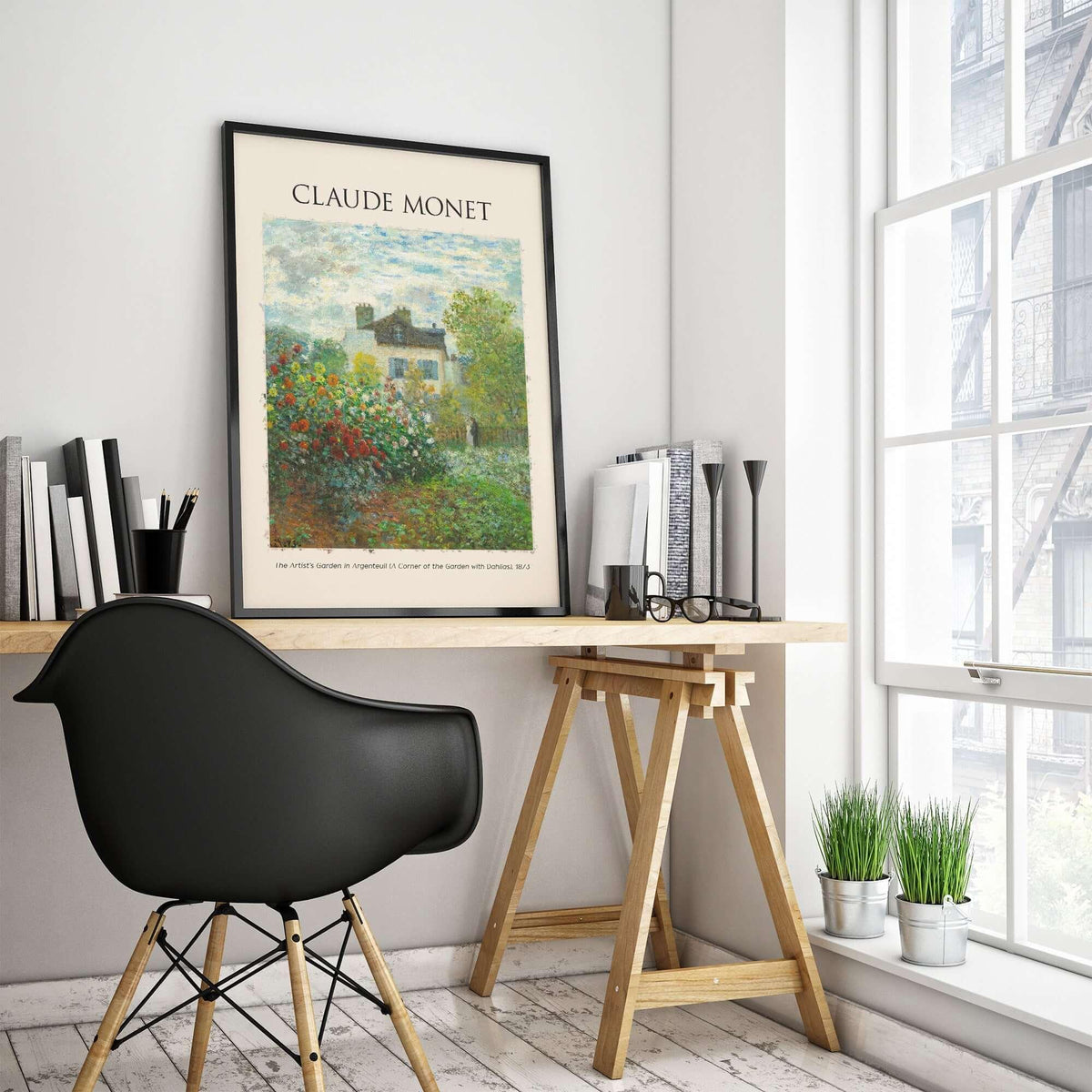 Monet Artists Garden Argenteuil Dahlias Floral Impressionist Poster Art Print displayed in a modern home office.