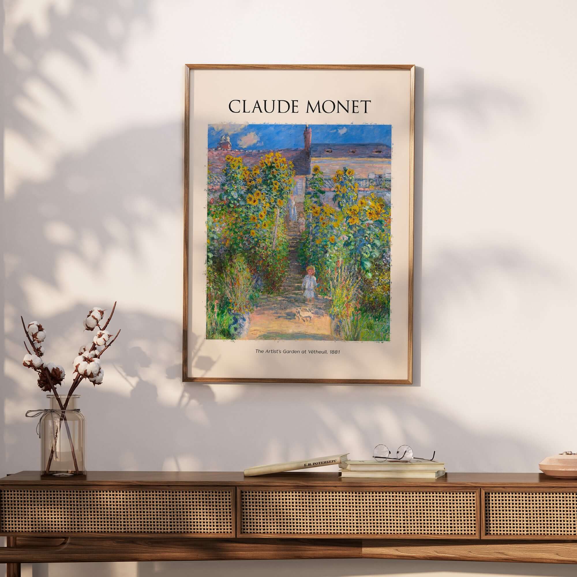 Monet Artists Garden at Vétheuil Sunflowers Impressionist Art Print Poster displayed in a stylish interior setting.