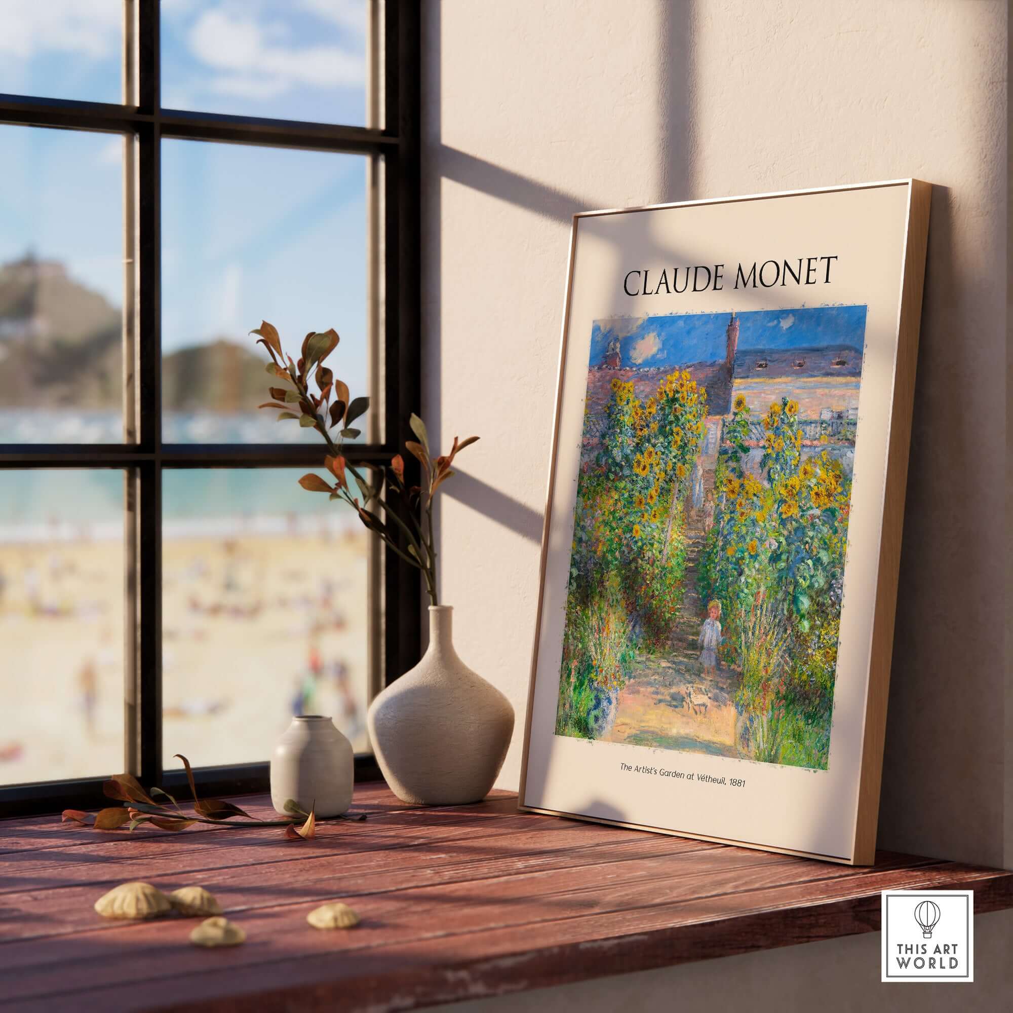 Monet Artists Garden at Vétheuil Sunflowers Impressionist Art Print Poster displayed on a shelf near a window.