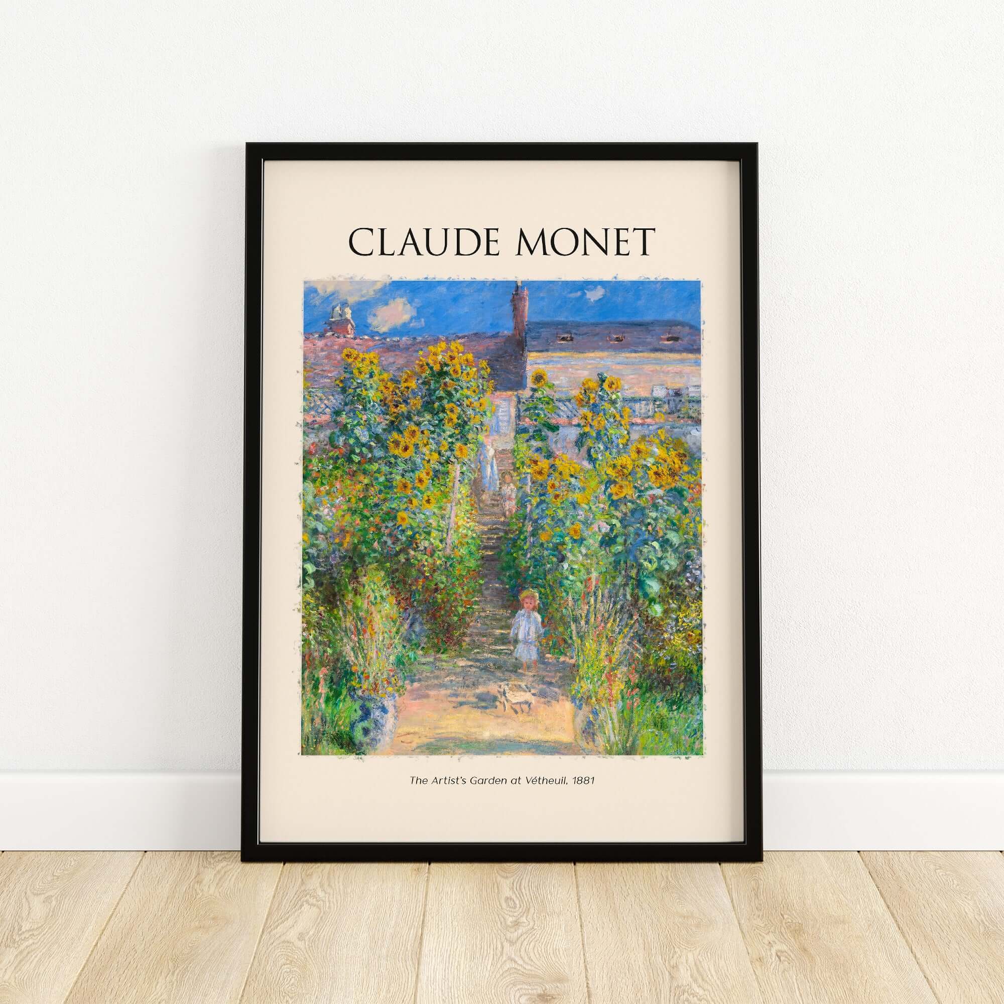 Monet Artists Garden at Vétheuil Sunflowers Impressionist Art Print Poster featuring vibrant sunflowers and a garden path.