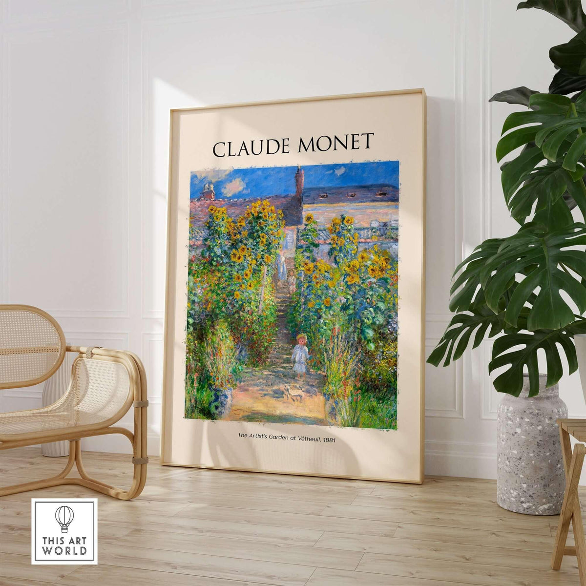 Monet Artists Garden at Vétheuil Sunflowers Impressionist Art Print Poster displayed in a bright room.