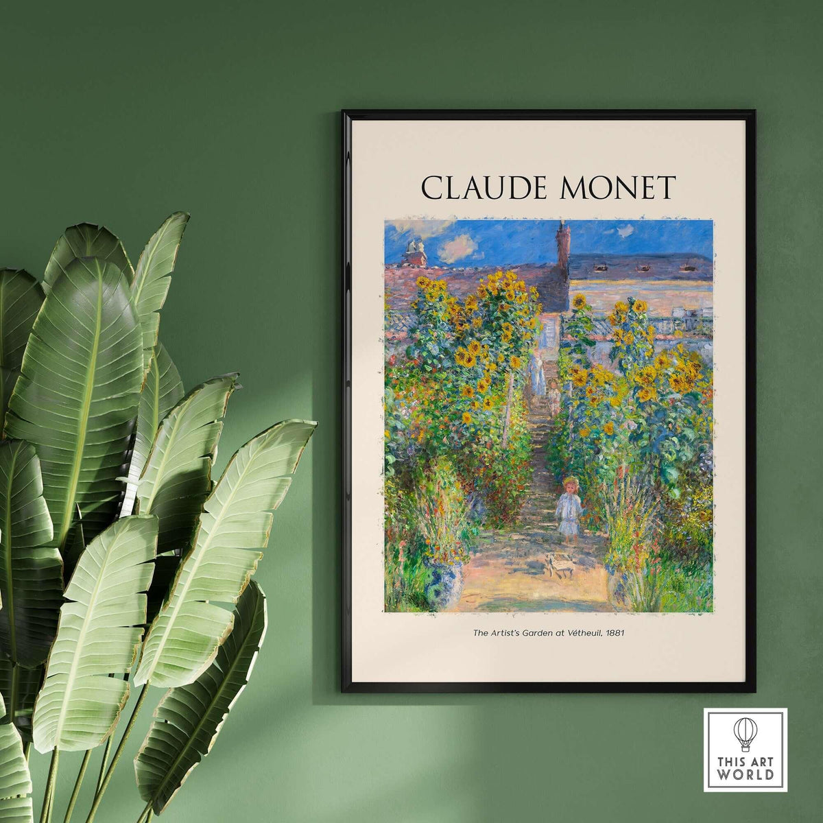 Monet Artists Garden at Vétheuil Sunflowers Impressionist Art Print Poster framed on a green wall with sunflowers.