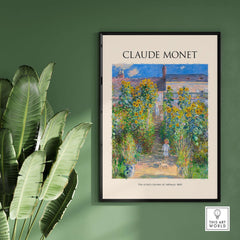 Monet Artists Garden at Vétheuil Sunflowers Impressionist Art Print Poster framed on a green wall with sunflowers.