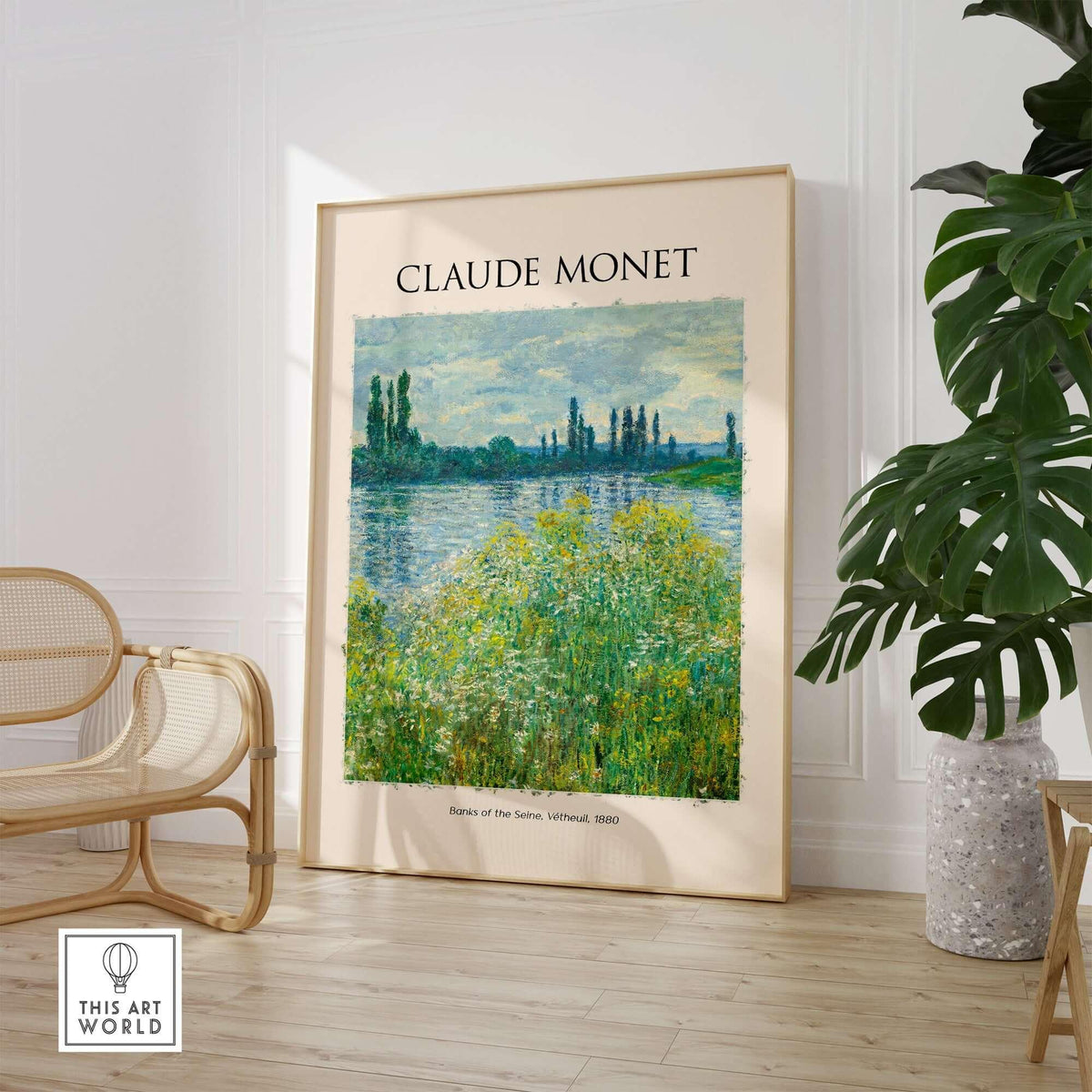 Monet Banks of the Seine Vétheuil River Landscape Art Print Poster displayed in a modern living room setting.
