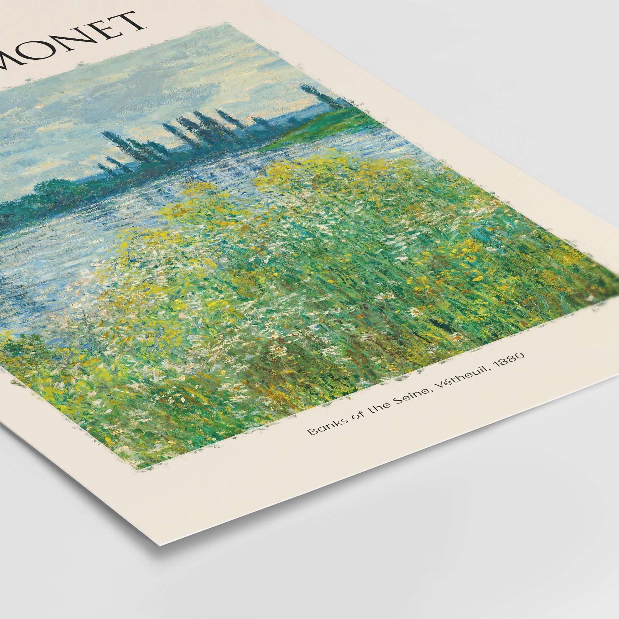Monet Banks of the Seine Vétheuil River Landscape Art Print Poster featuring serene river landscape and wildflowers.