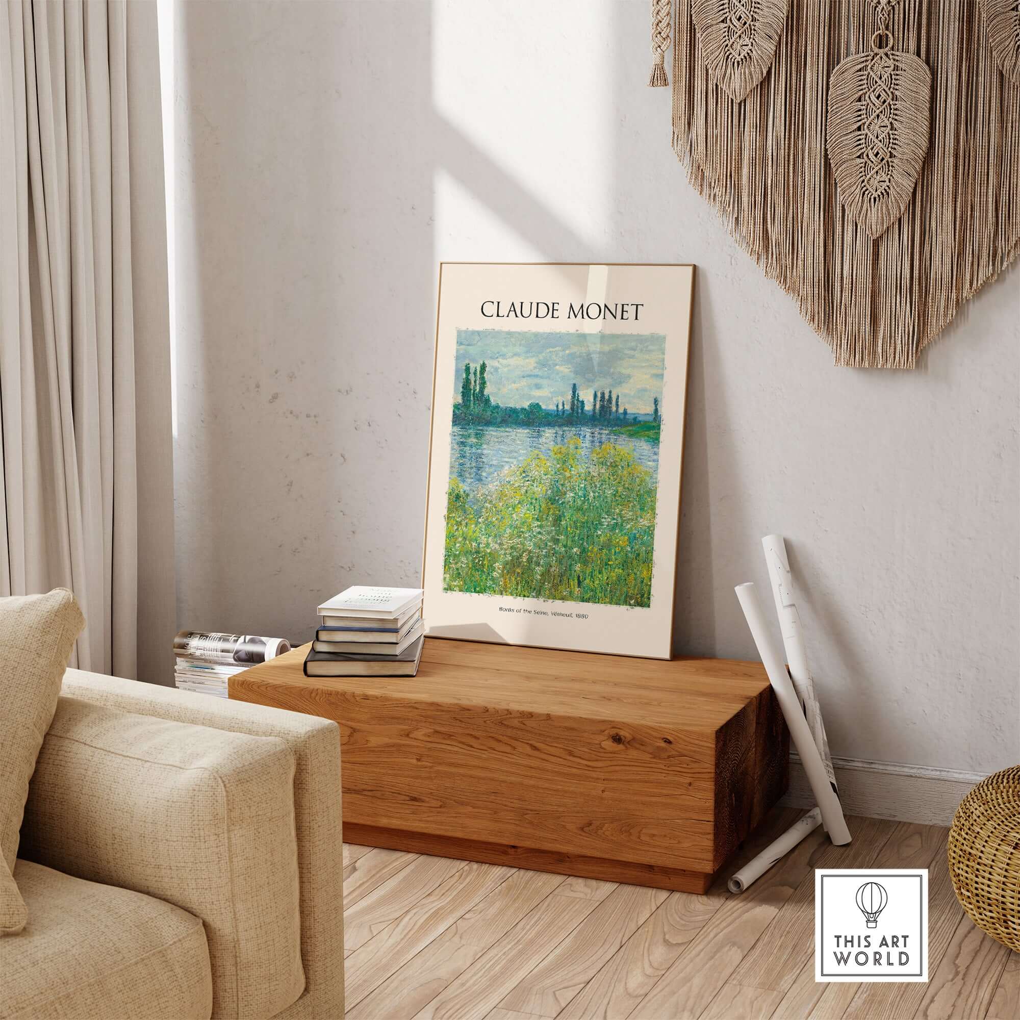 Monet Banks of the Seine Vétheuil River Landscape Art Print Poster displayed in a serene living room setting.