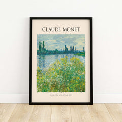 Monet Banks of the Seine Vétheuil River Landscape Art Print Poster framed artwork on a wooden floor.