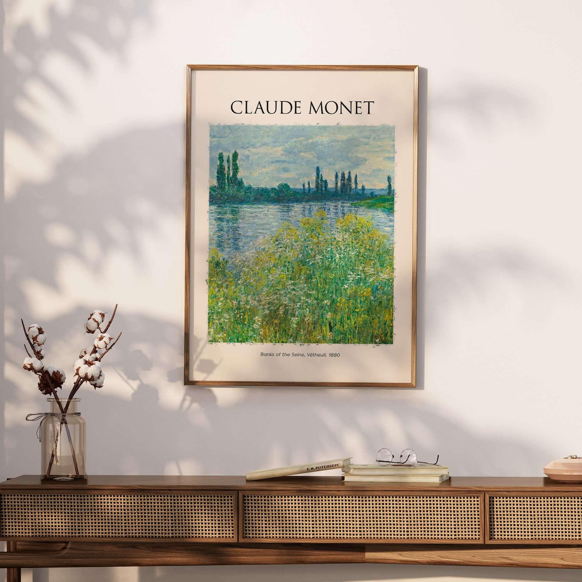 Monet Banks of the Seine Vétheuil River Landscape Art Print Poster displayed in a modern interior setting.