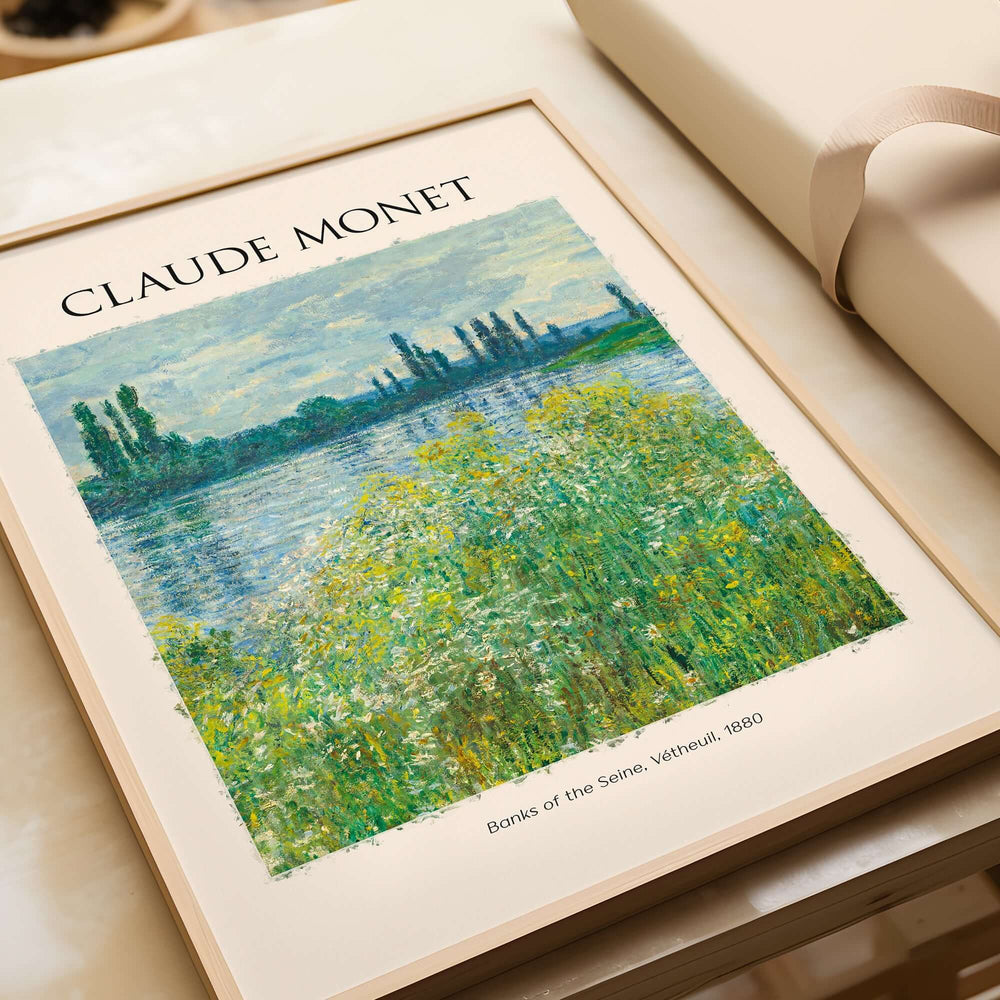 Monet Banks of the Seine Vétheuil River Landscape Art Print Poster featuring a serene Impressionist landscape.