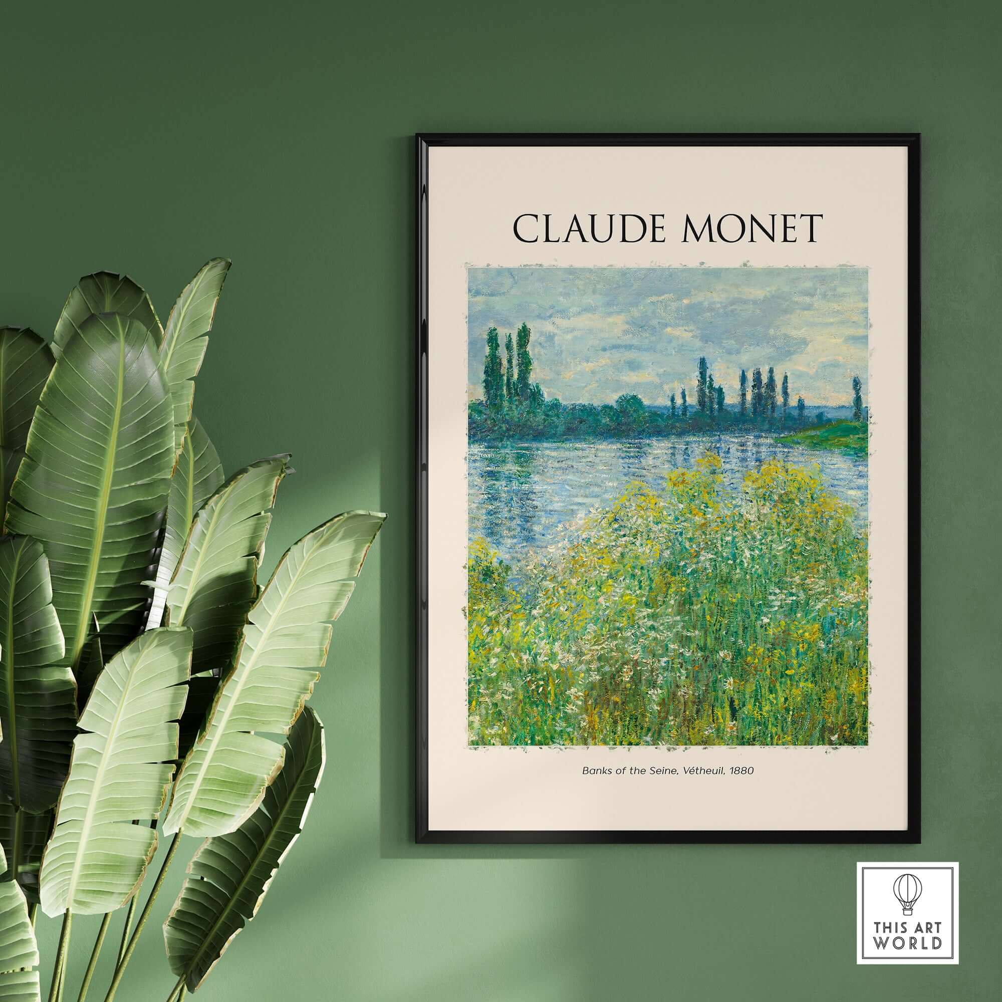 Monet Banks of the Seine Vétheuil River Landscape Art Print Poster framed on a green wall with foliage.