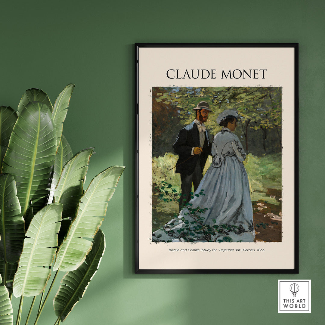 Monet's 'Bazille and Camille' Impressionist poster art print on display in a modern home setting.