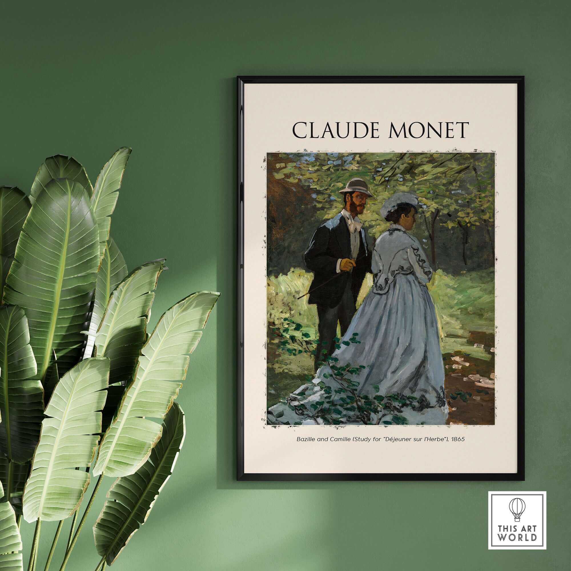Monet Bazille and Camille Déjeuner sur l Herbe Study Impressionist Poster Art Print framed on a wall with plants.