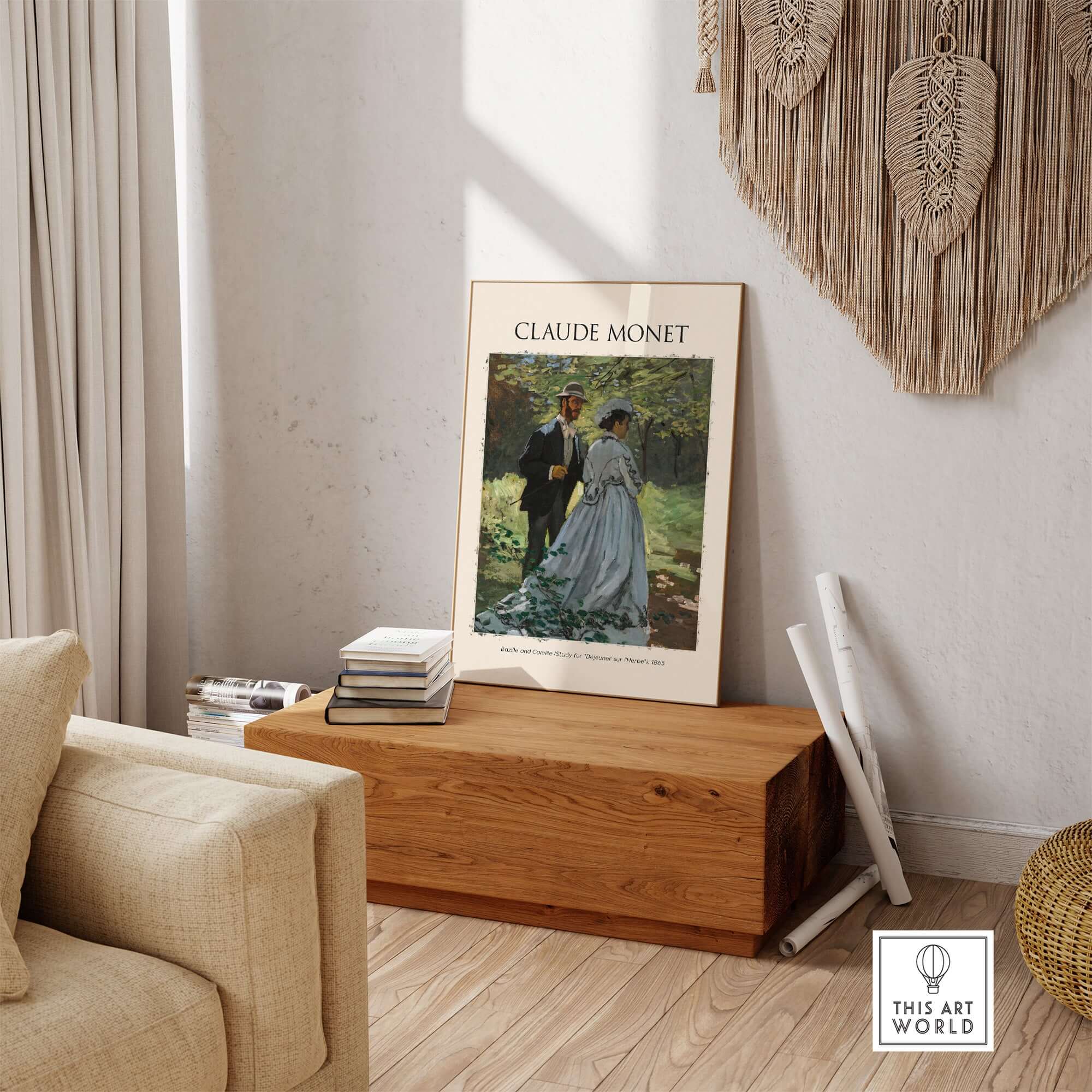 Monet Bazille and Camille Déjeuner sur l Herbe Study Impressionist Poster Art Print displayed in a stylish interior setting.