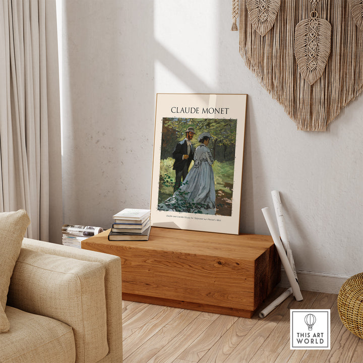 Monet Bazille and Camille Impressionist art print displayed in a modern living room setting.