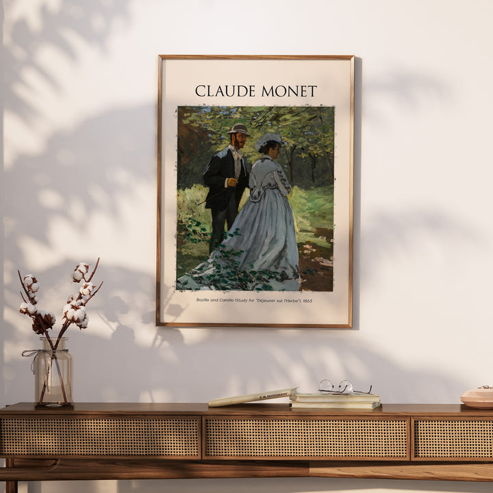 Monet Impressionist poster of Bazille and Camille in a woodland setting, framed art print for wall decor.