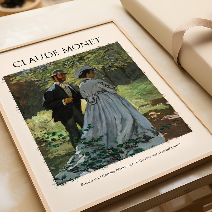 Monet Bazille and Camille Déjeuner sur l'Herbe Study art print featuring figures in a woodland scene, 1865.