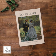 Monet Bazille and Camille Déjeuner sur l Herbe Study Impressionist Poster Art Print displayed on wooden background.