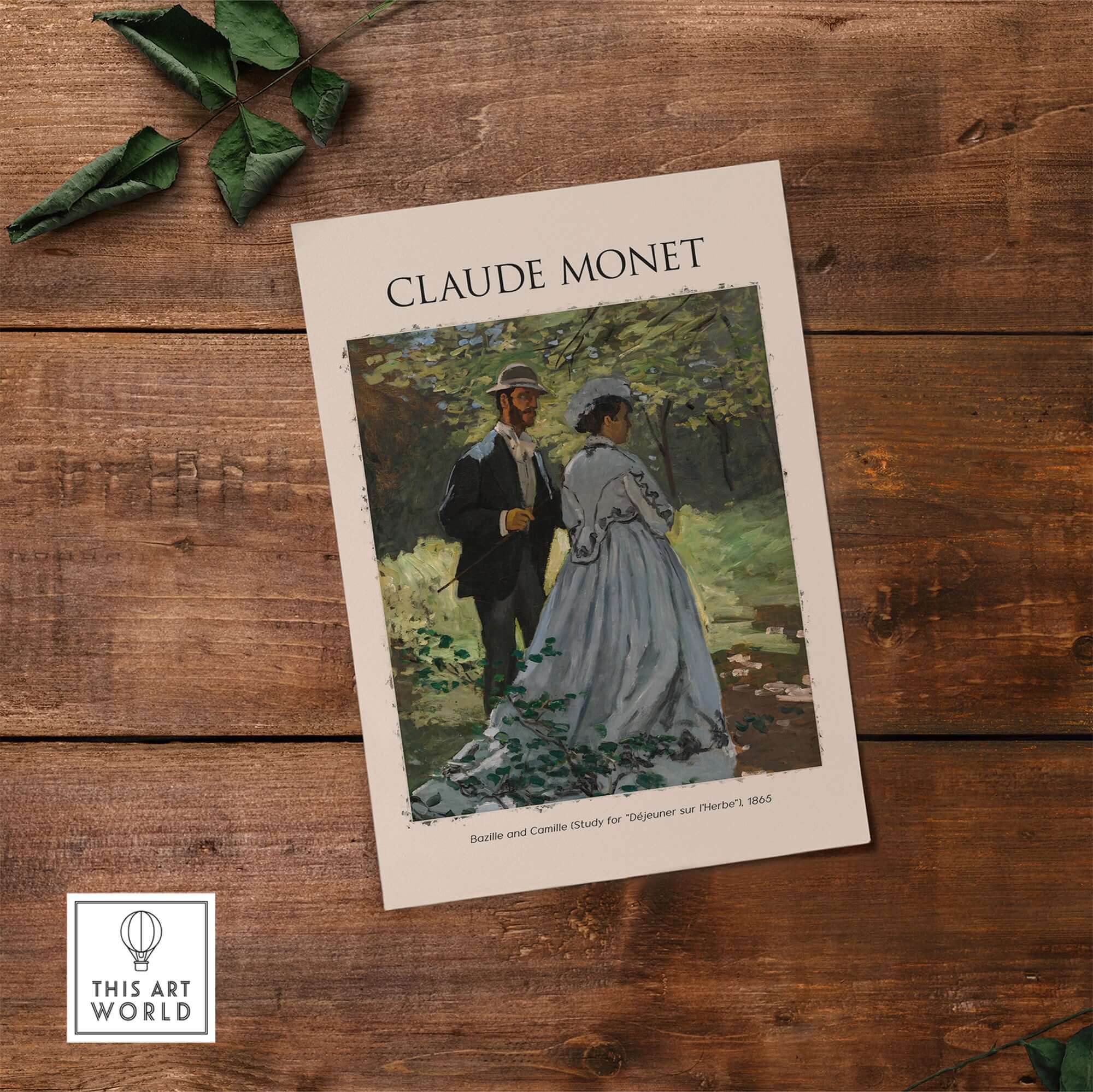 Monet Bazille and Camille Déjeuner sur l Herbe Study Impressionist Poster Art Print displayed on wooden background.