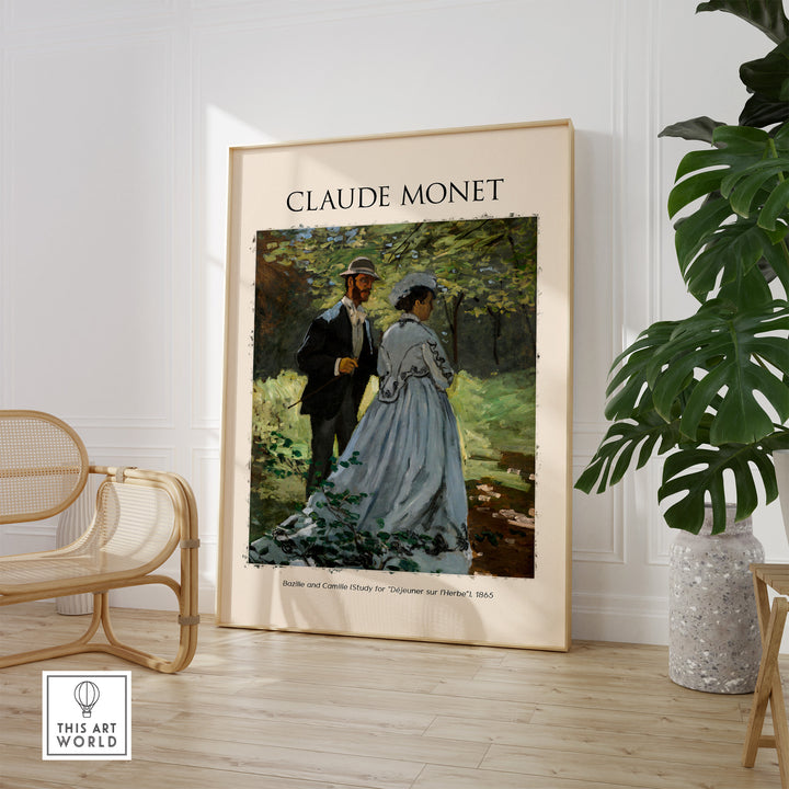 Monet Impressionist poster 'Bazille and Camille' featuring figures in a lush woodland setting, 1865.