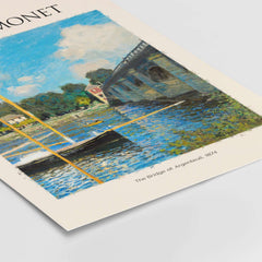 Monet The Bridge at Argenteuil Seine River Landscape Art Print Poster, featuring serene water and boats under a bright sky.
