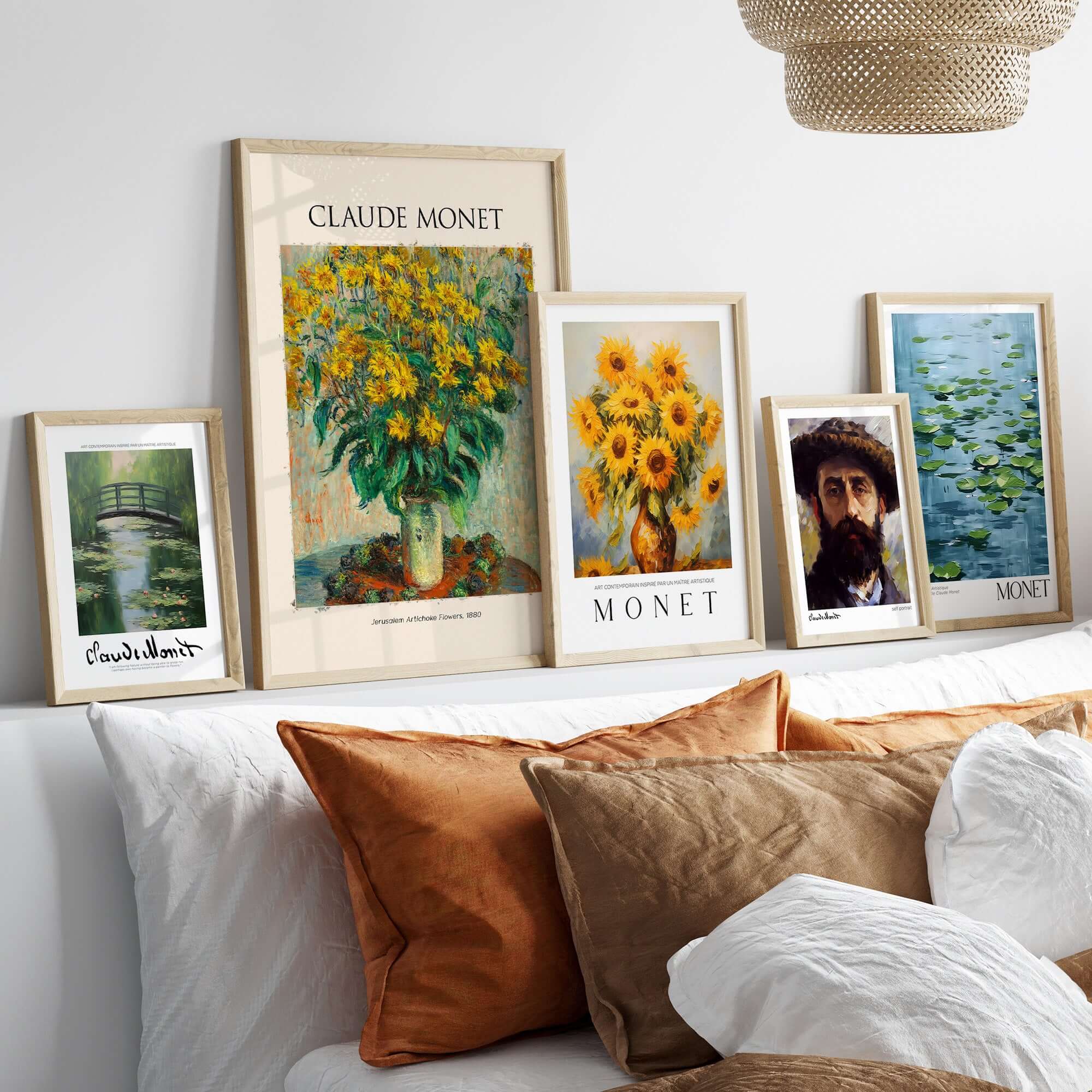 Monet Jerusalem Artichoke Flowers Still Life Floral Art Print Poster displayed among other Monet artworks on a stylish shelf.