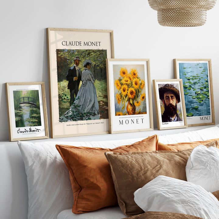 Stylish display of Claude Monet art prints in framed designs, showcasing Impressionist masterpieces on a modern sofa.