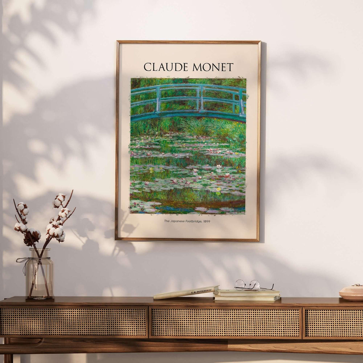 Monet Japanese Footbridge Water Lilies Giverny Garden Poster Art Print displayed in a stylish interior setting.